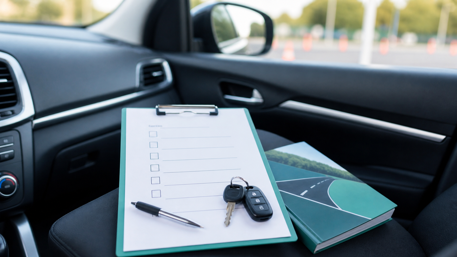 Driving lesson checklist and car keys for re-examination certificate prep